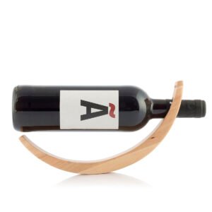 Floating wooden wine bottle holder displaying a wine bottle on a shelf